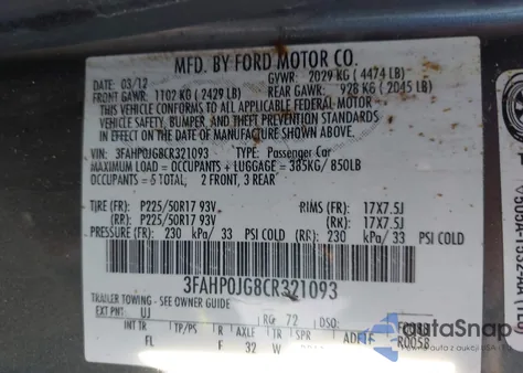 2012 Ford Fusion Sel from USA, damaged, VIN 3FAHP0JG8CR321093